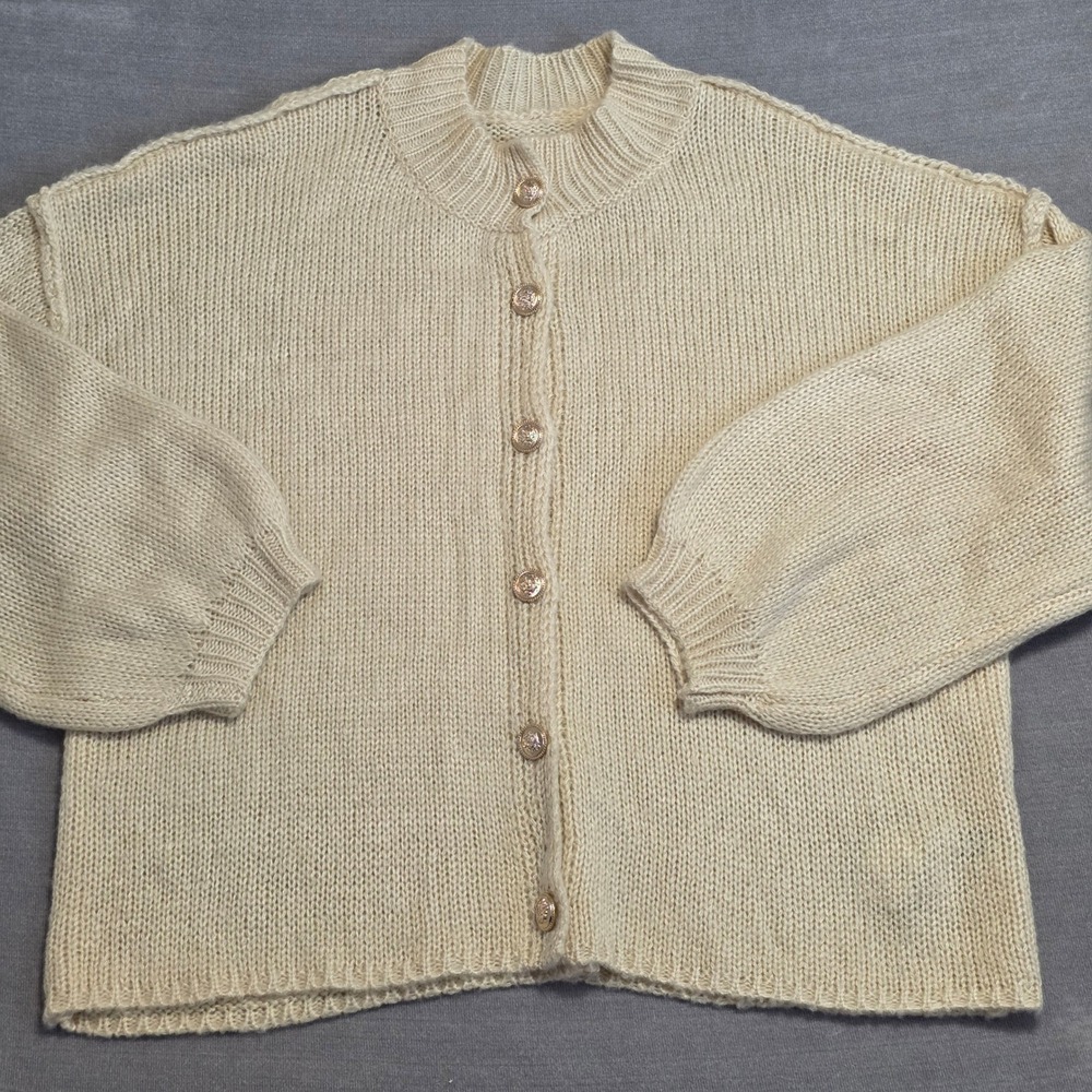 Chunky Knit Cardigan Women 2XL Cream Gold Button Balloon Sleeve Cozy Oversized